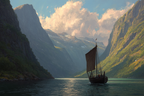 Fjordlandschaft Mit Schiff In Grünen Bergen Und Wolken | Boote und Schiffe | Mobilitaet und Technik