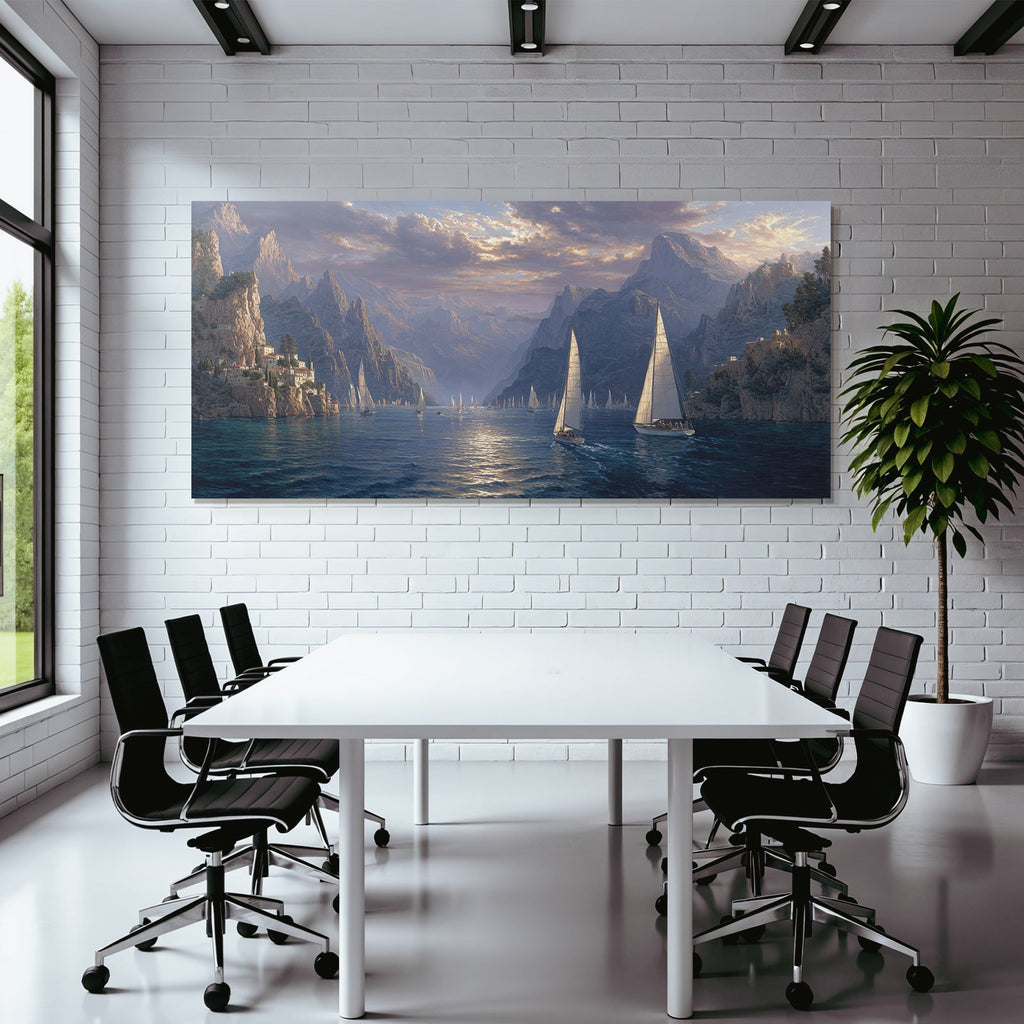 Friedliche Küstenlandschaft Mit Segelbooten Und Bergen