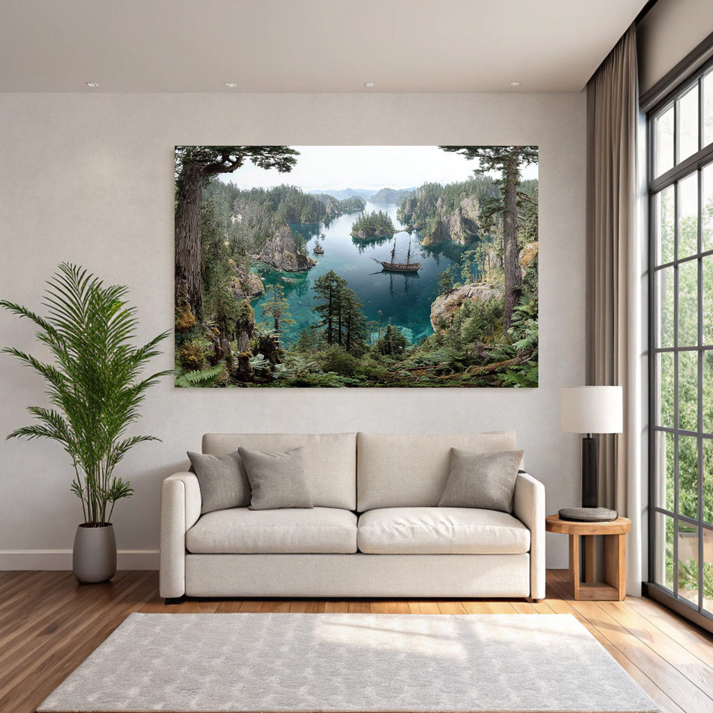 Friedliche Landschaft Mit Segelbooten Und Klippen