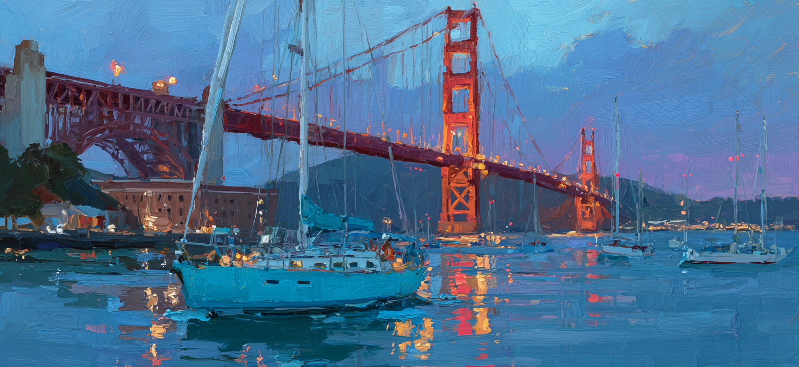 Golden Gate Brücke San Francisco Abendstimmung Reflexionen Impressionismus | Boote und Schiffe | Mobilitaet und Technik
