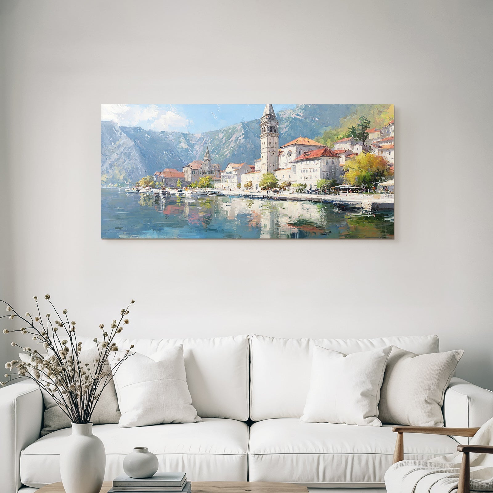 Küstendorf Mit Roten Dächern Und Reflexionen Im Wasser
