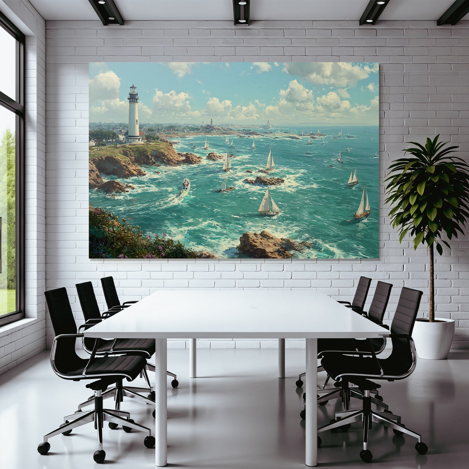 Küstenlandschaft Leuchtturm Felsen Segelschiffe Meer Himmel