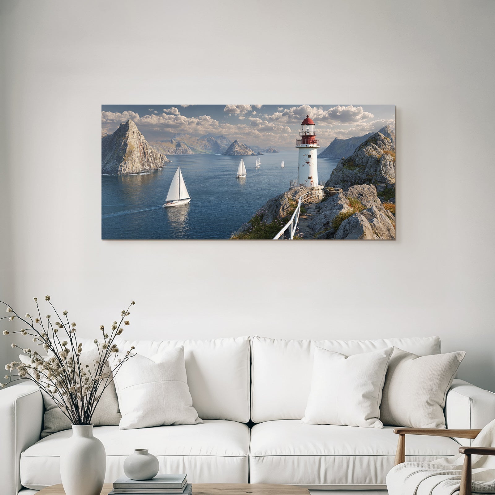 Küstenlandschaft Mit Leuchtturm Und Segelschiffen