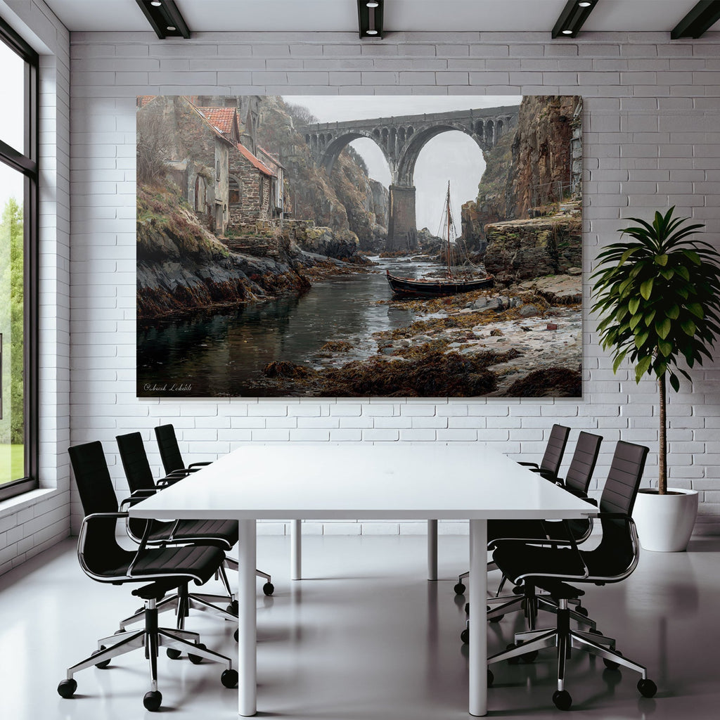 Küstliche Landschaft Mit Bogenbrücke Und Boot Am Ufer