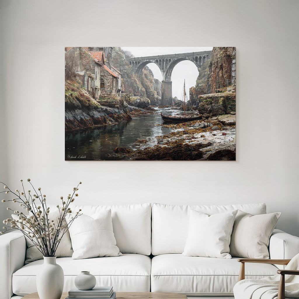 Küstliche Landschaft Mit Bogenbrücke Und Boot Am Ufer