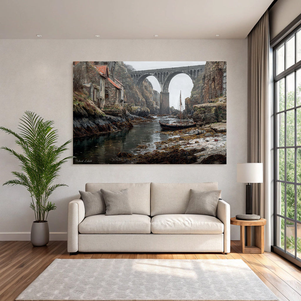 Küstliche Landschaft Mit Bogenbrücke Und Boot Am Ufer