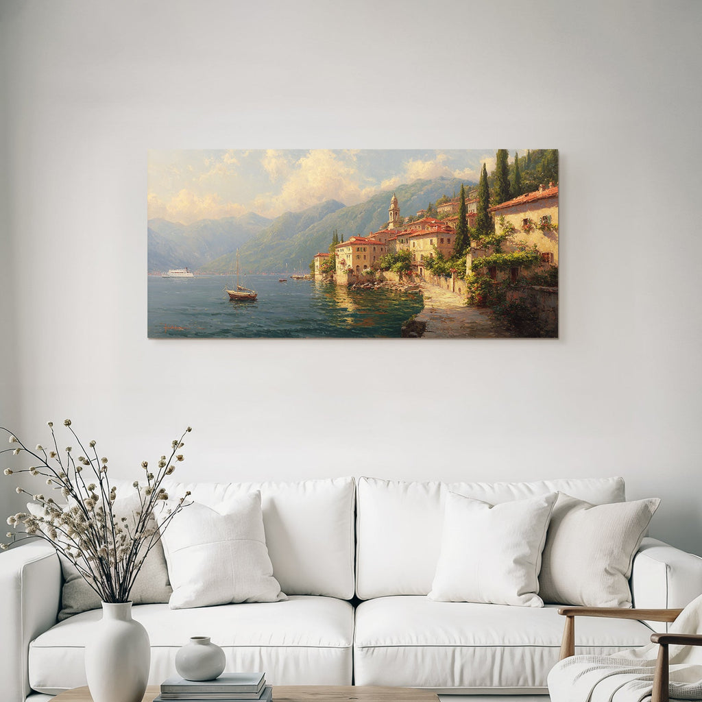 Malerei Landschaft Seenlandschaft Berghäuser Boote