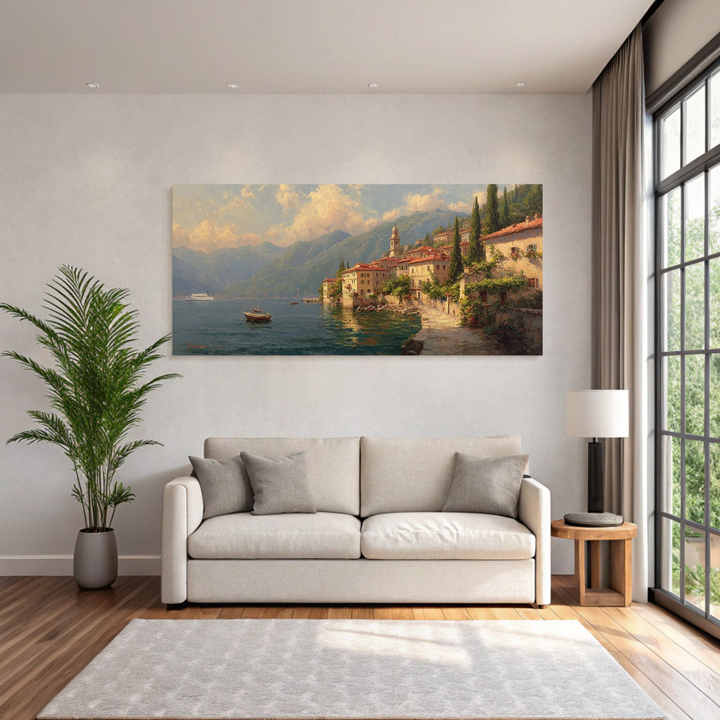 Malerei Landschaft Seenlandschaft Berghäuser Boote