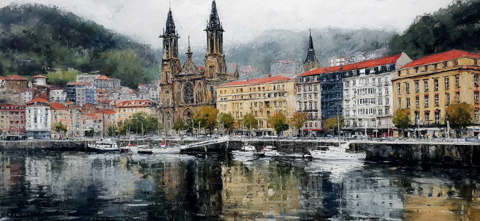 Malerei Wasserfront Szene Mit Roten Dächer Kirche Impressionistisch | Boote und Schiffe | Mobilitaet und Technik