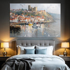 Malerische Küstenansicht Hafen Boote Bunte Häuser Burg Impressionistisch