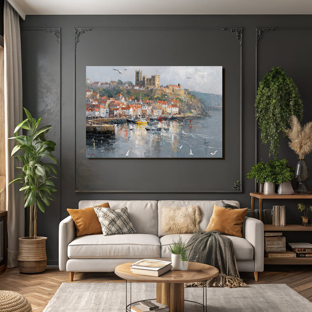 Malerische Küstenansicht Hafen Boote Bunte Häuser Burg Impressionistisch