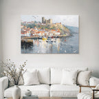 Malerische Küstenansicht Hafen Boote Bunte Häuser Burg Impressionistisch