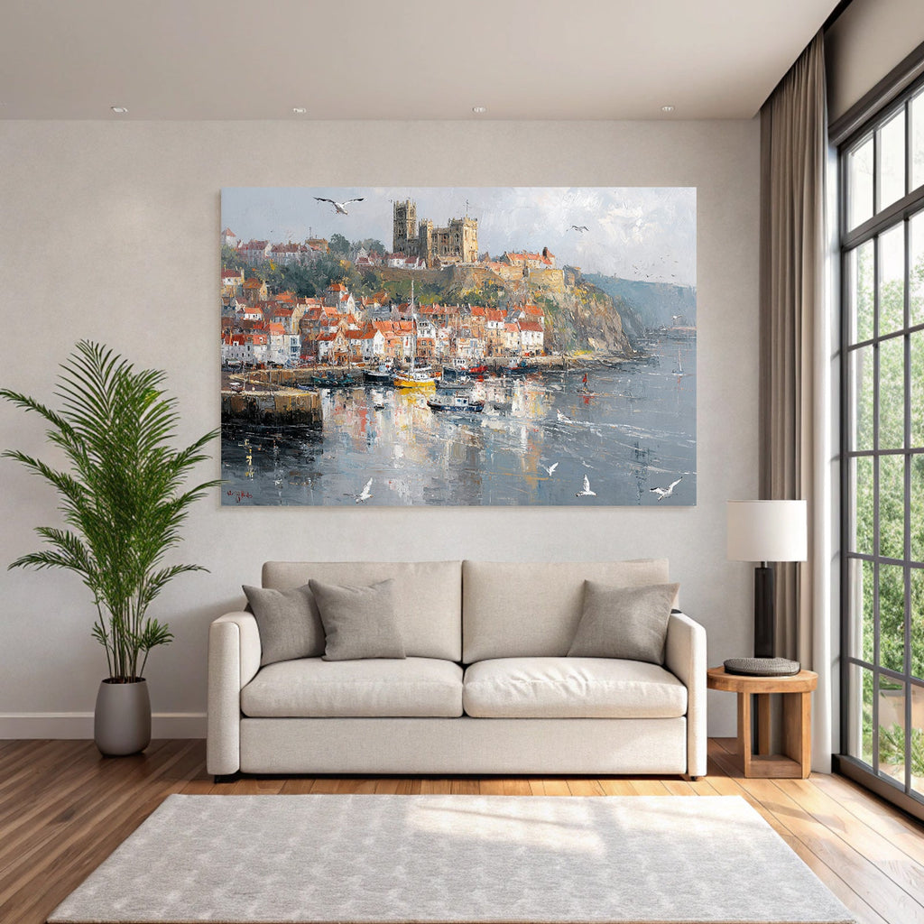 Malerische Küstenansicht Hafen Boote Bunte Häuser Burg Impressionistisch