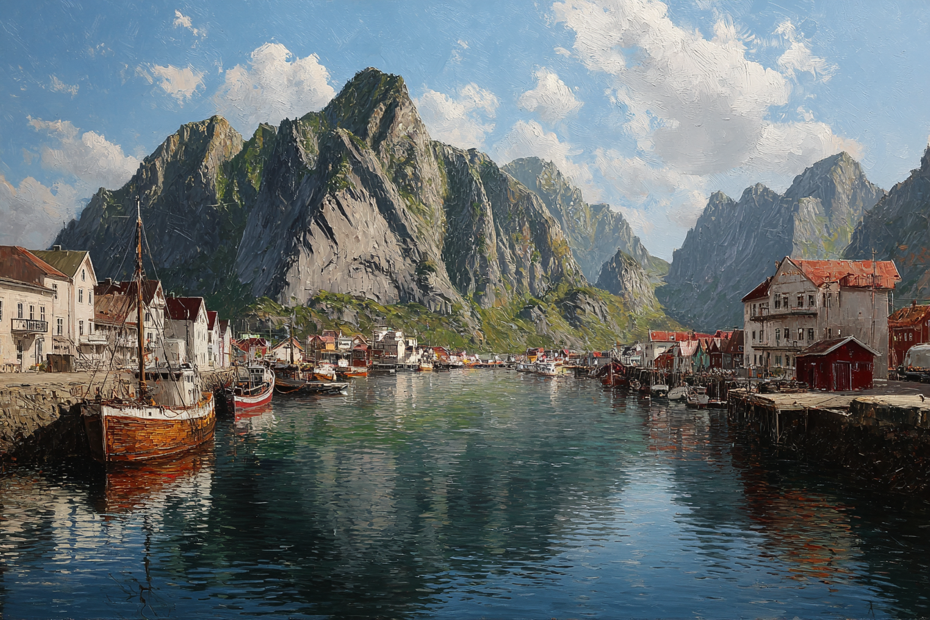 Malerische Landlandschaft Hafen Umgeben Von Bergen Mit Booten | Boote und Schiffe | Mobilitaet und Technik