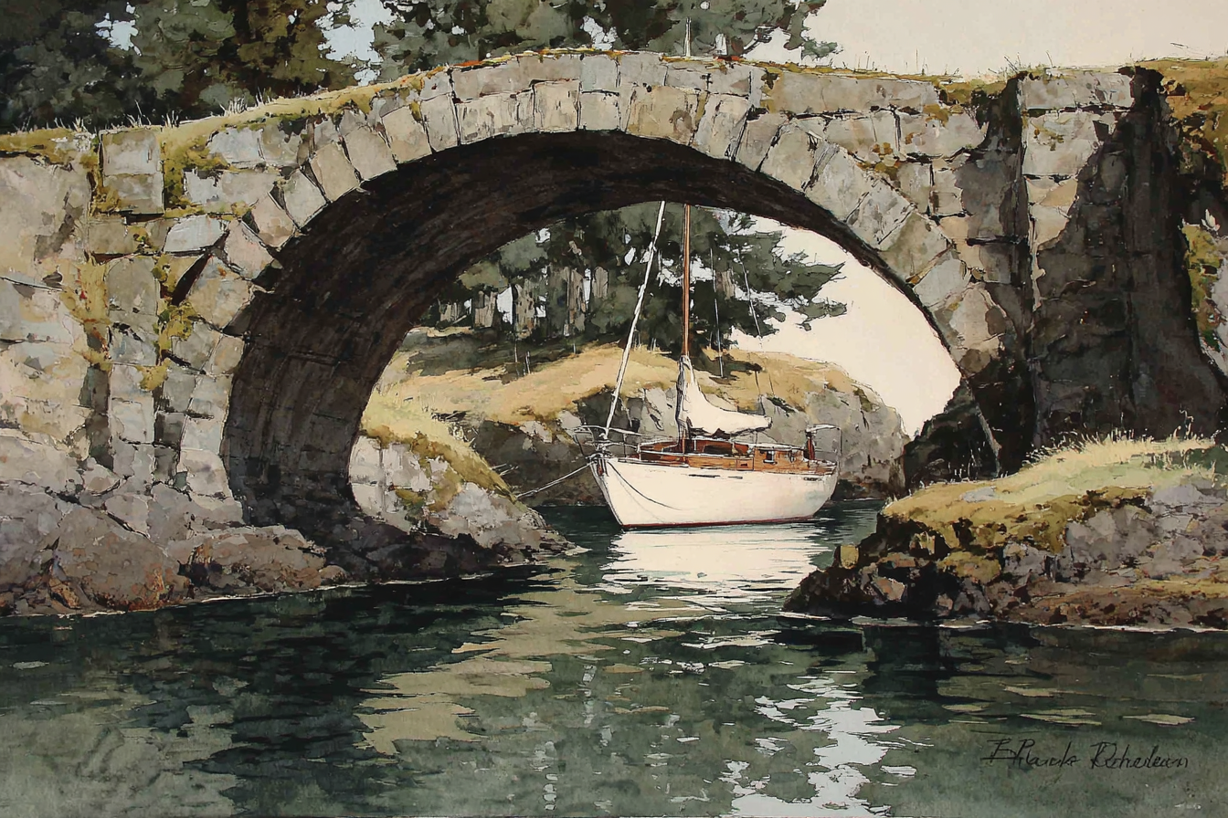 Steinbogenbrücke Ruhige Landschaft Wasserfarbenmalerei | Boote und Schiffe | Mobilitaet und Technik