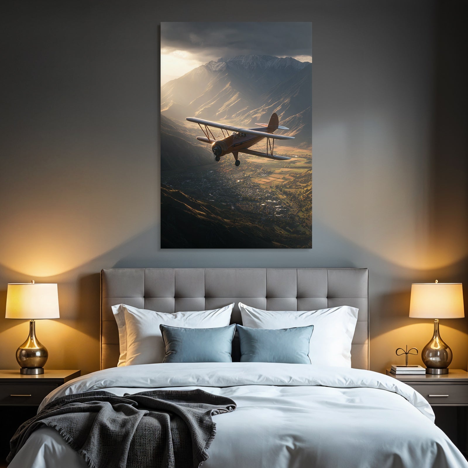 Flugzeuge Kleinflugzeug Über Berglanschaft Mit Dramatischer Beleuchtung