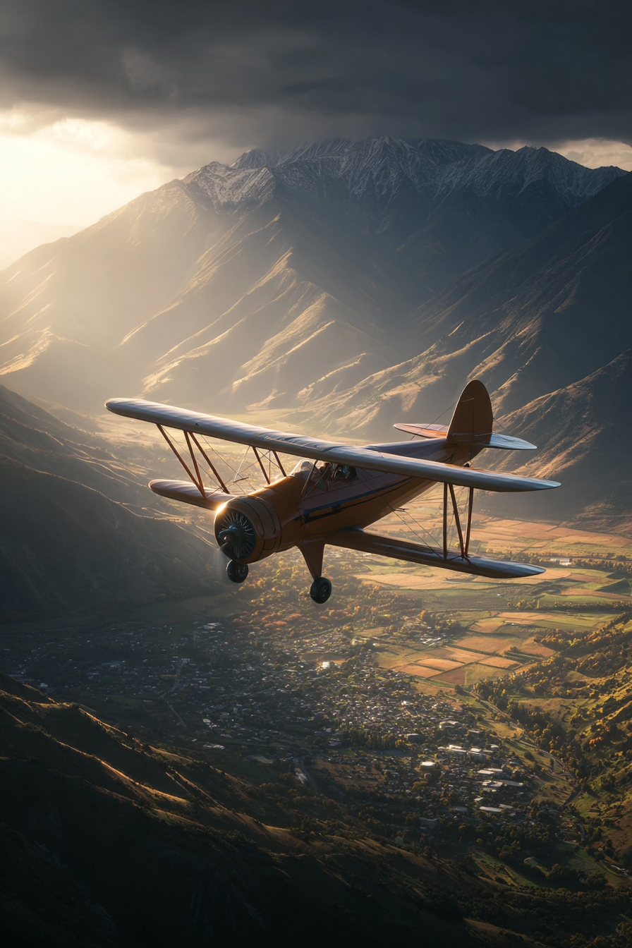 Flugzeuge Kleinflugzeug Über Berglanschaft Mit Dramatischer Beleuchtung | Fahrraeder und Motorraeder | Mobilitaet und Technik