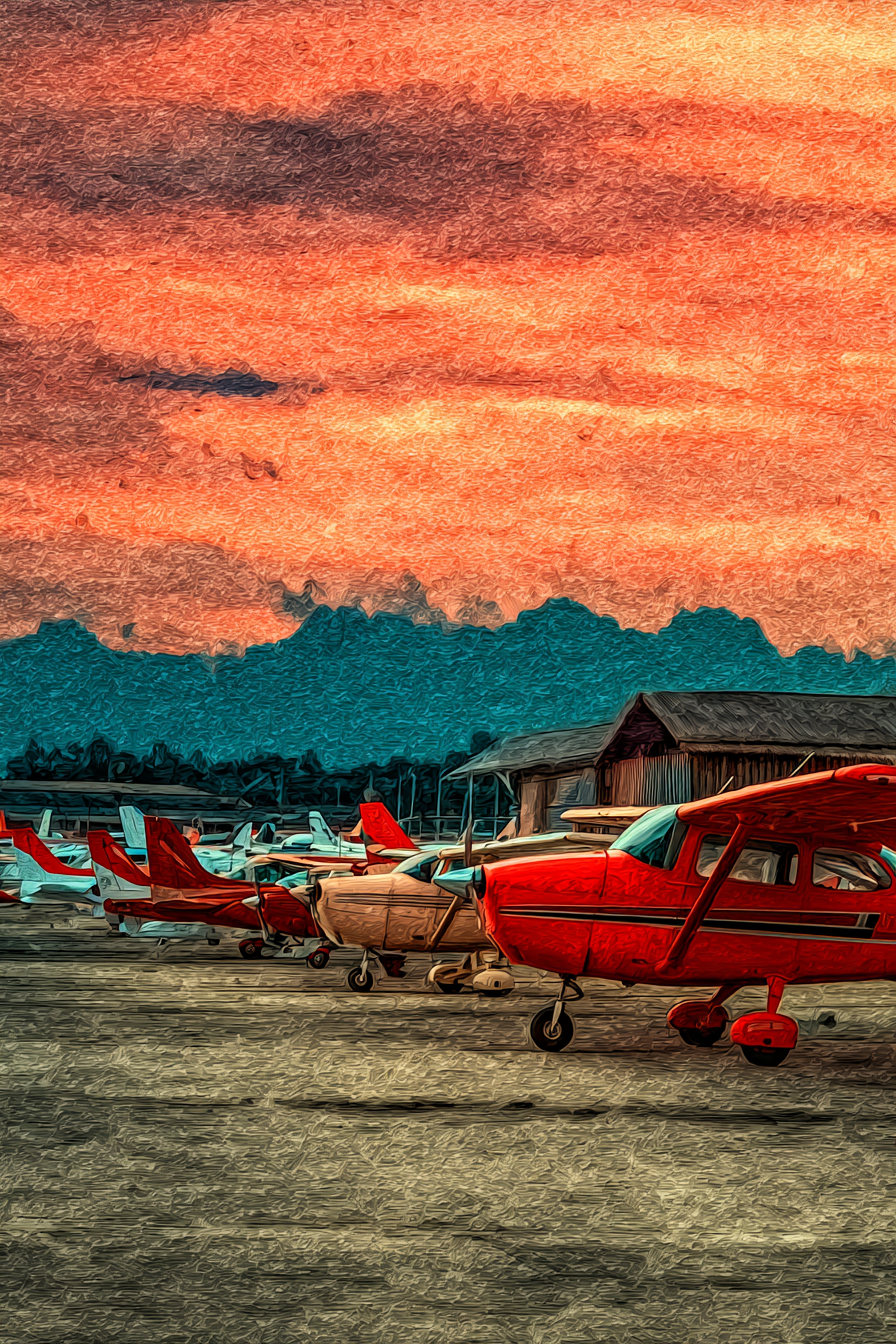 Flugzeuge Luftfeld Bei Sonnenaufgang Oder Sonnenuntergang Mit Kleinen Flugzeugen | Fahrraeder und Motorraeder | Mobilitaet und Technik