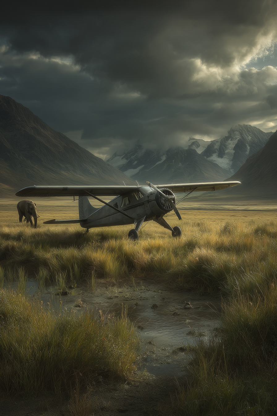 Flugzeuge Vintage Flugzeug In Der Natur Mit Einem Elefant Und Bergen | Fahrraeder und Motorraeder | Mobilitaet und Technik