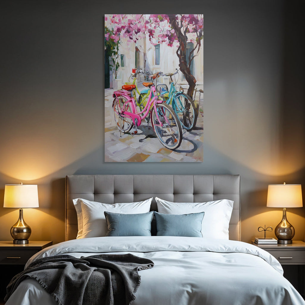 Colorful Bikes In Flowery View With Stone Pathway And Light-colored Background