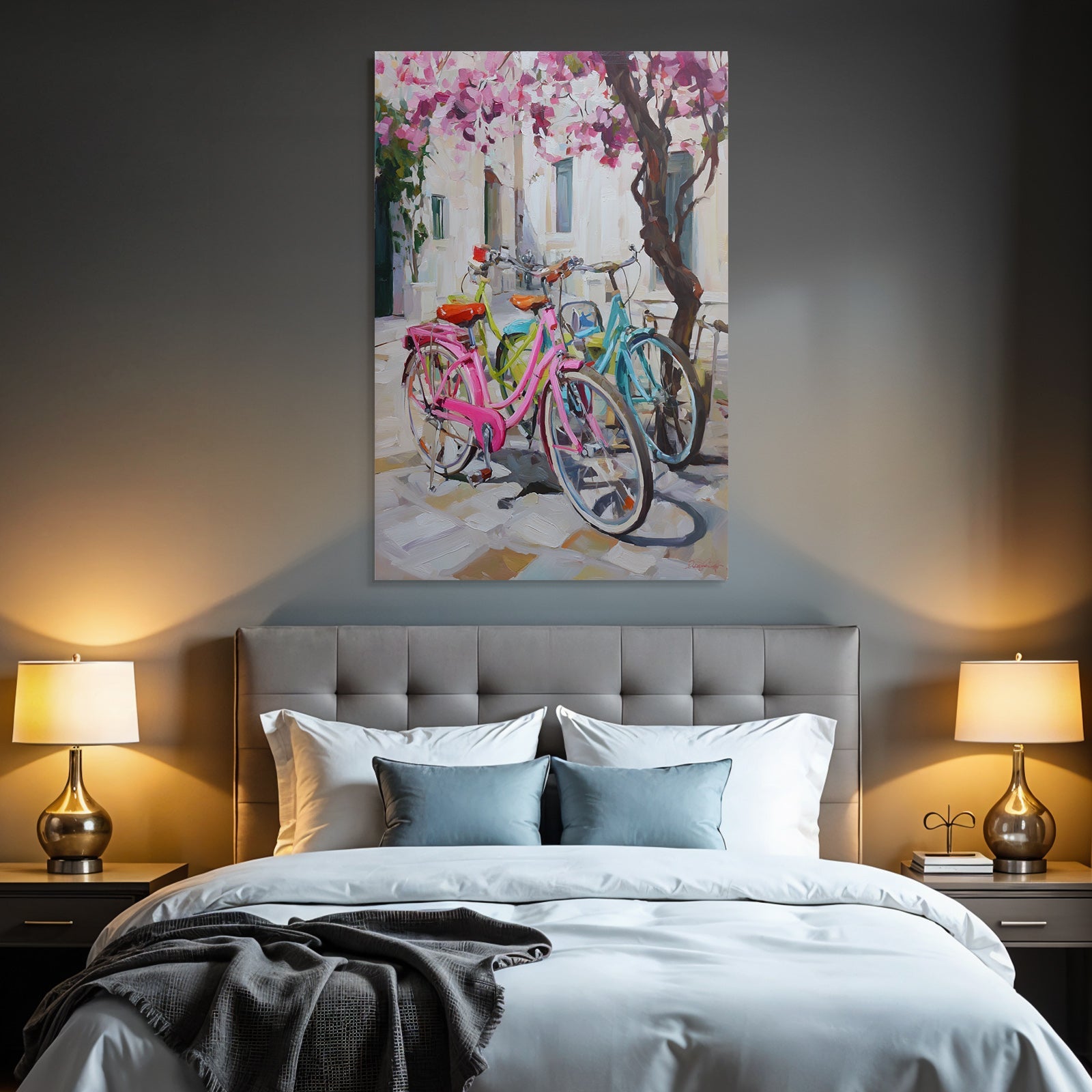 Colorful Bikes In Flowery View With Stone Pathway And Light-colored Background