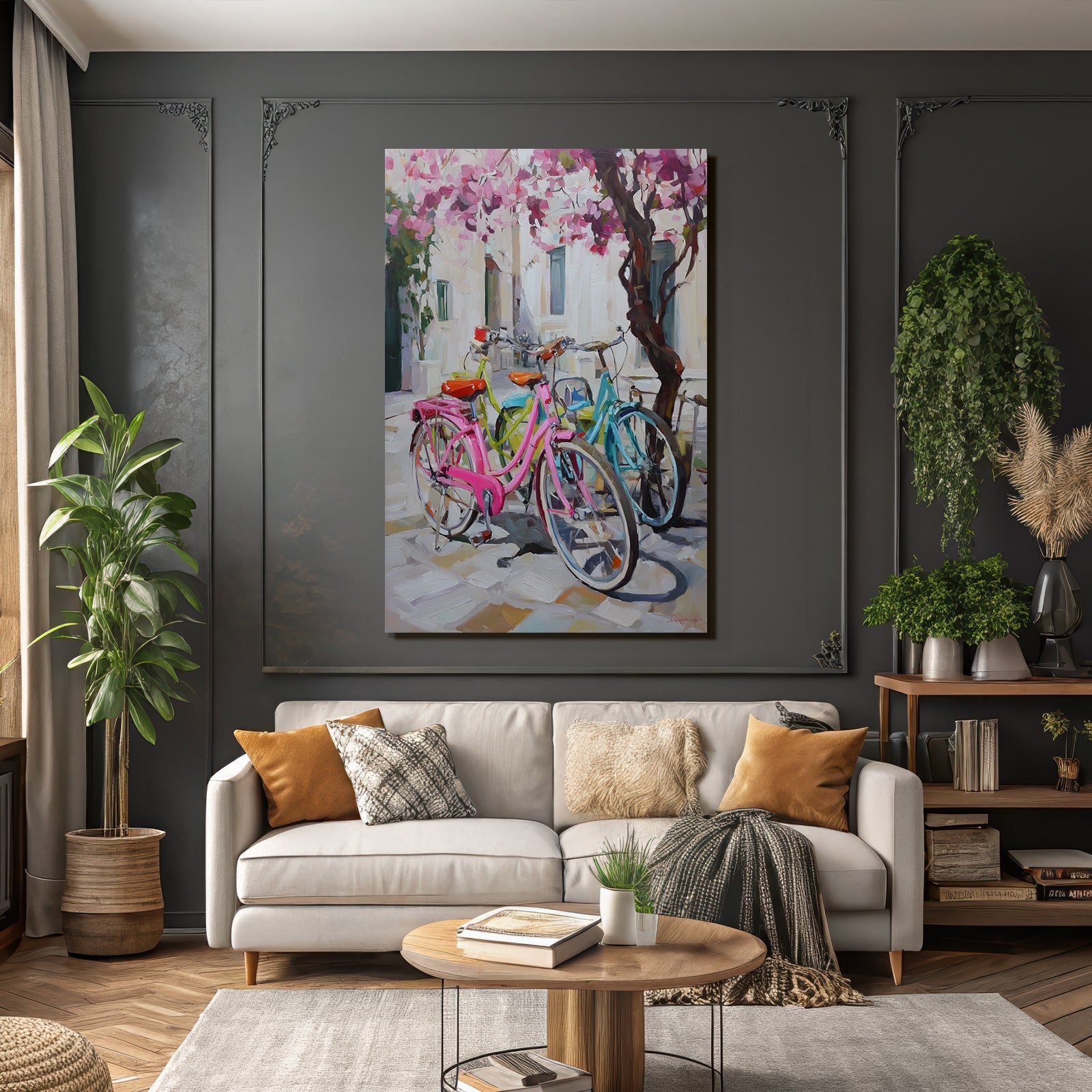 Colorful Bikes In Flowery View With Stone Pathway And Light-colored Background