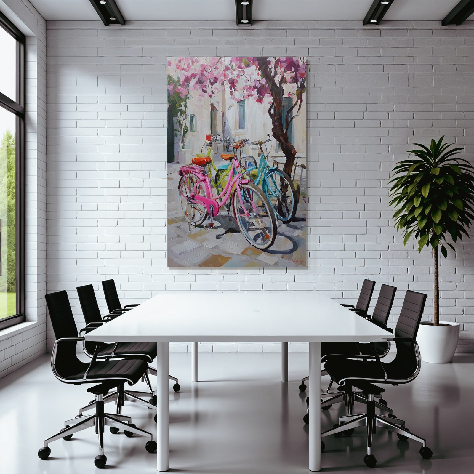 Colorful Bikes In Flowery View With Stone Pathway And Light-colored Background