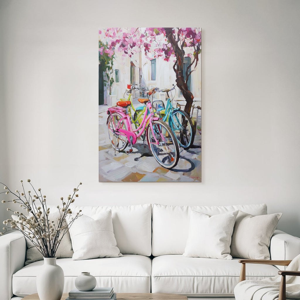 Colorful Bikes In Flowery View With Stone Pathway And Light-colored Background