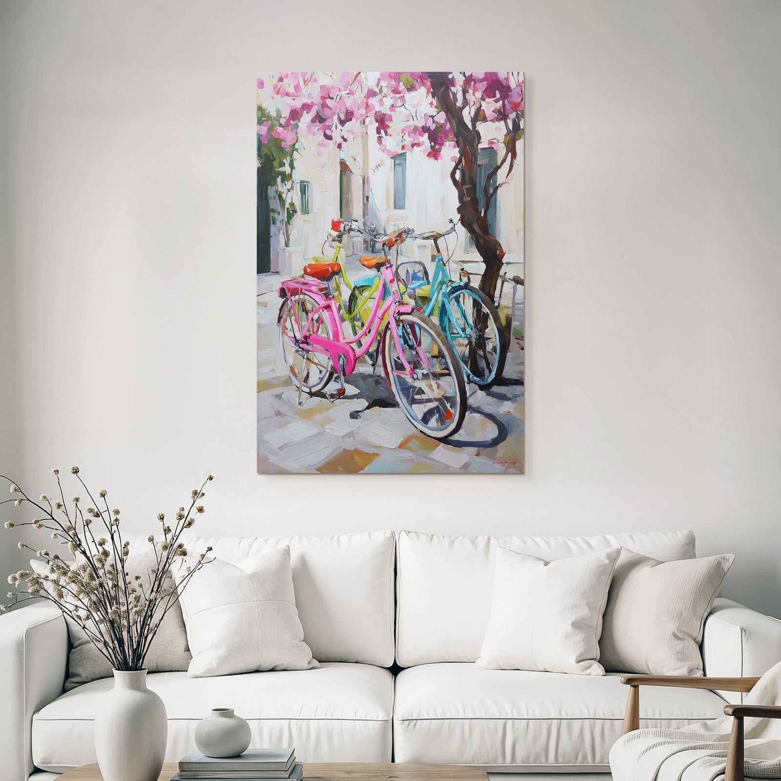 Colorful Bikes In Flowery View With Stone Pathway And Light-colored Background