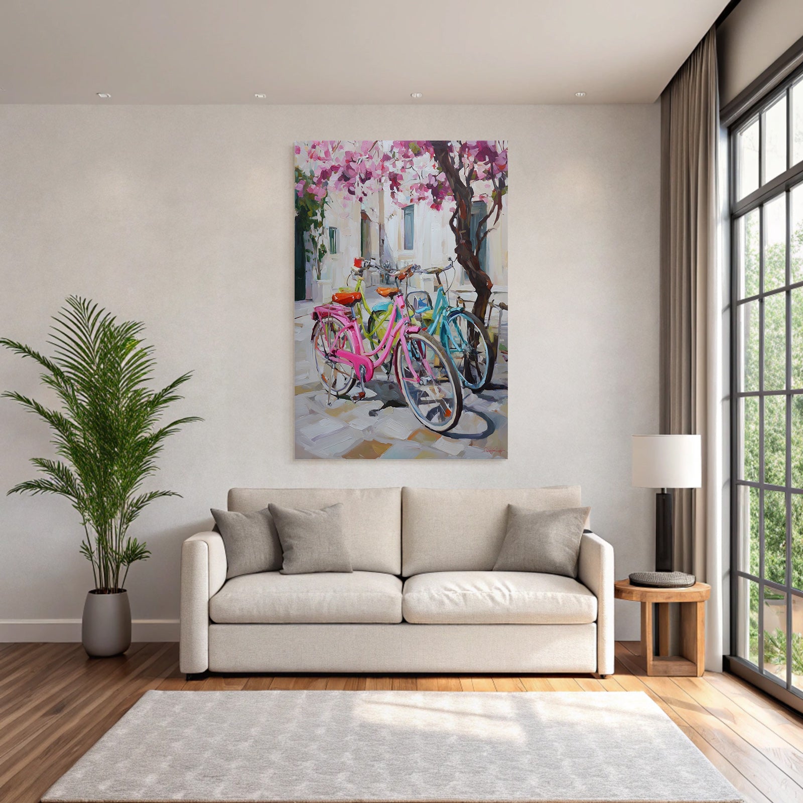 Colorful Bikes In Flowery View With Stone Pathway And Light-colored Background