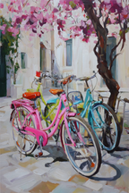 Bunt Bikes In Blumiger Aussicht Mit Stone Pathway Und Lichtfarbenem Hintergrund | Fahrraeder und Motorraeder | Mobilitaet und Technik