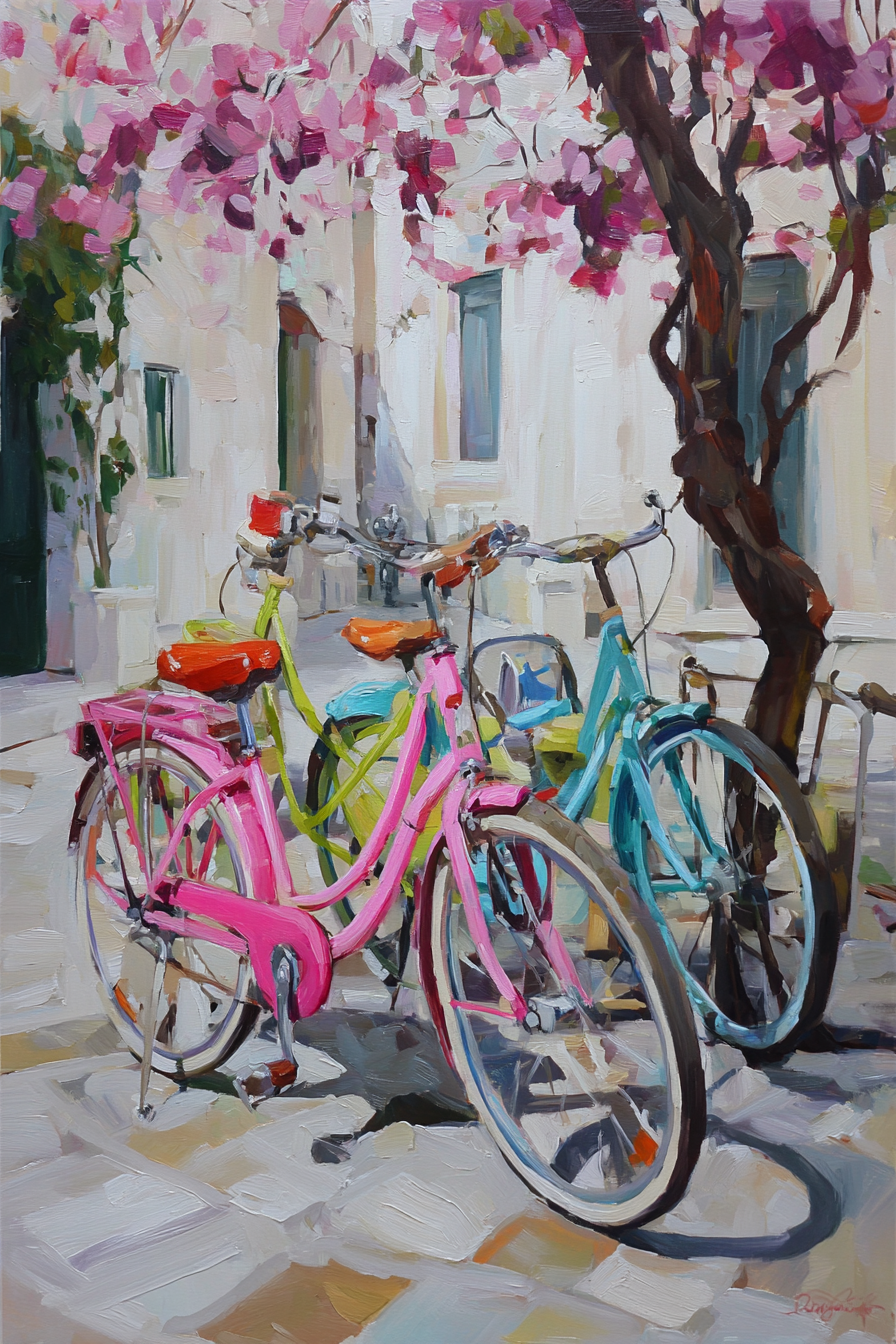 Bunt Bikes In Blumiger Aussicht Mit Stone Pathway Und Lichtfarbenem Hintergrund | Fahrraeder und Motorraeder | Mobilitaet und Technik