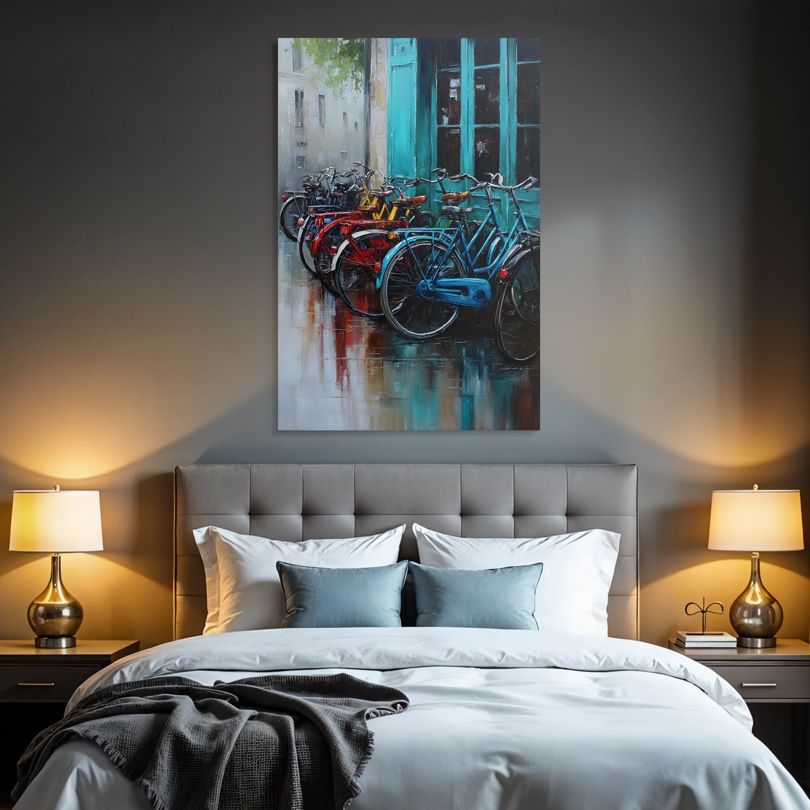 Colorful Bicycles in Front of Teal Doors Oil Painting Urban Scene