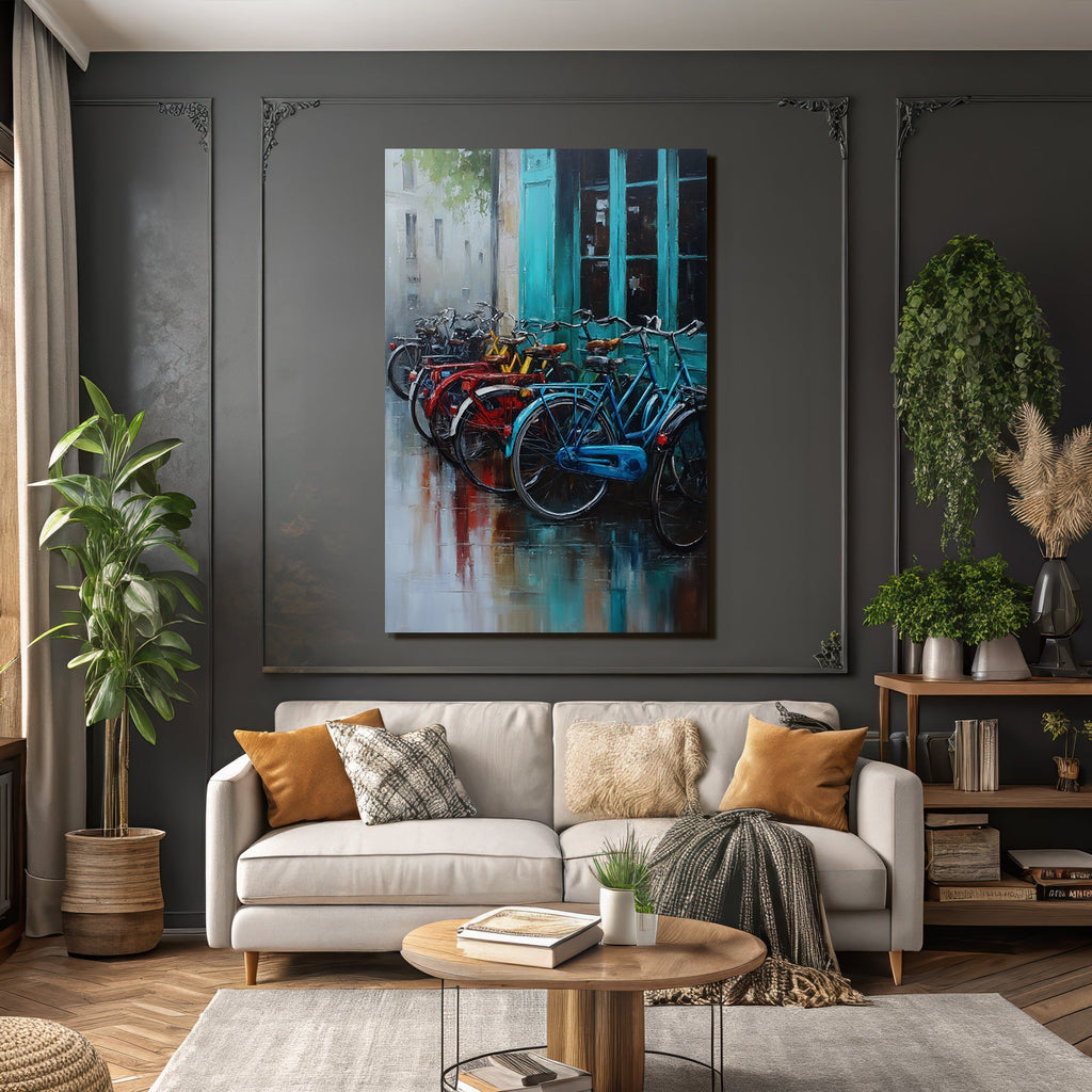 Colorful Bicycles in Front of Teal Doors Oil Painting Urban Scene