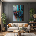Colorful Bicycles in Front of Teal Doors Oil Painting Urban Scene