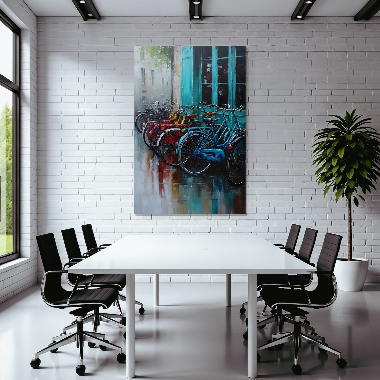 Colorful Bicycles in Front of Teal Doors Oil Painting Urban Scene