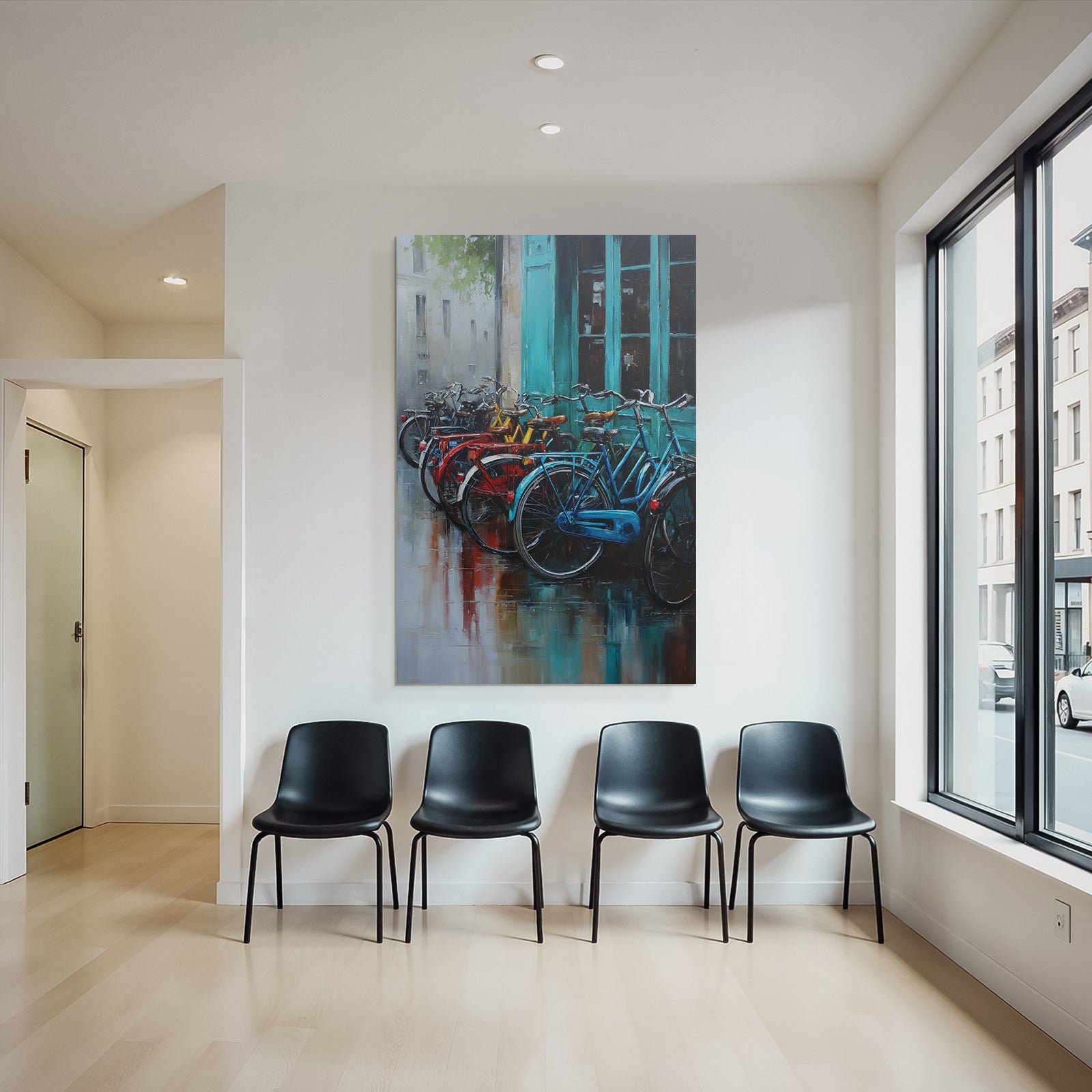 Colorful Bicycles in Front of Teal Doors Oil Painting Urban Scene