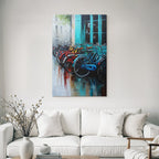 Colorful Bicycles in Front of Teal Doors Oil Painting Urban Scene