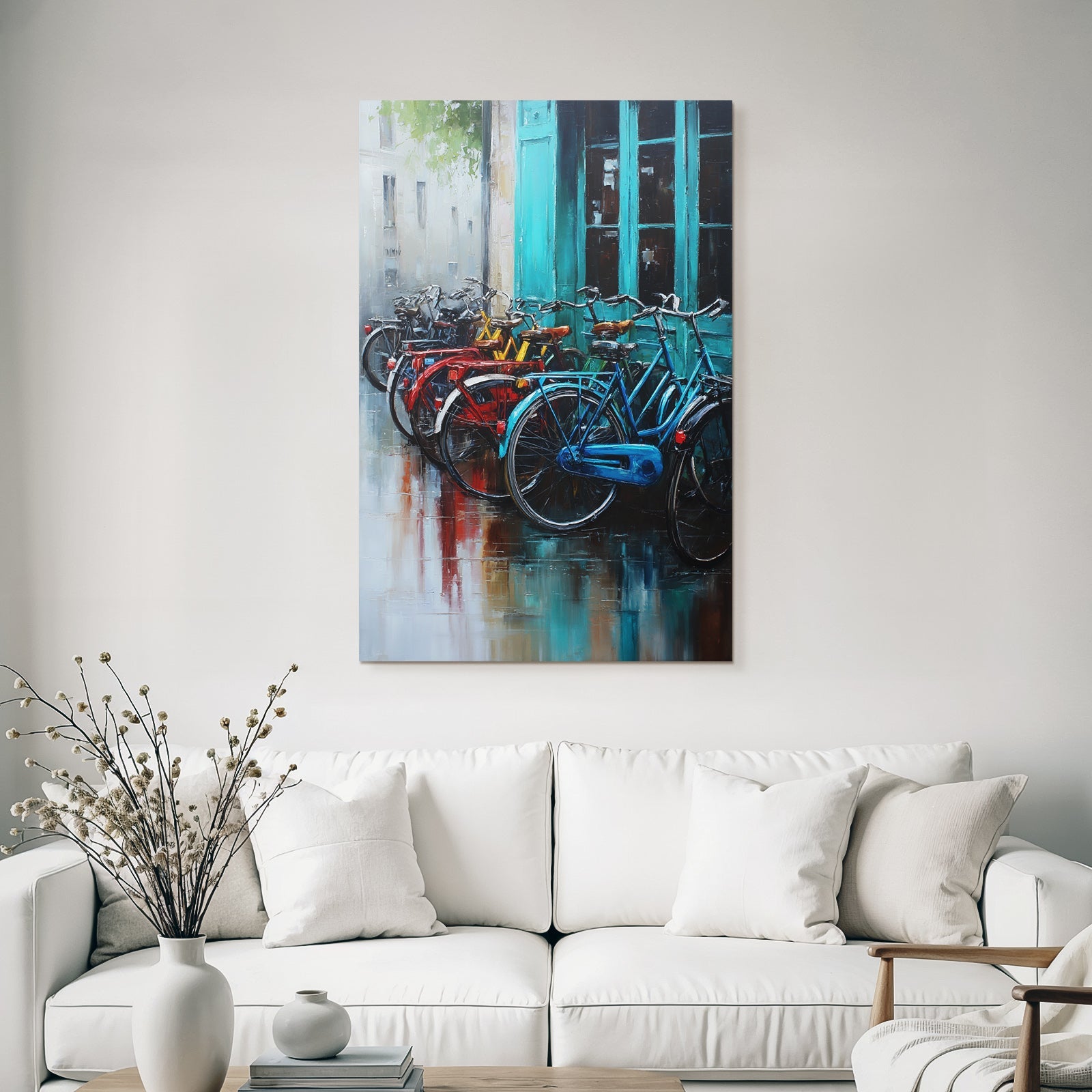 Colorful Bicycles in Front of Teal Doors Oil Painting Urban Scene