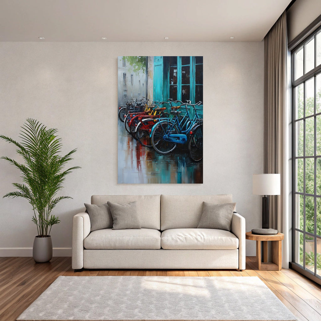Colorful Bicycles in Front of Teal Doors Oil Painting Urban Scene