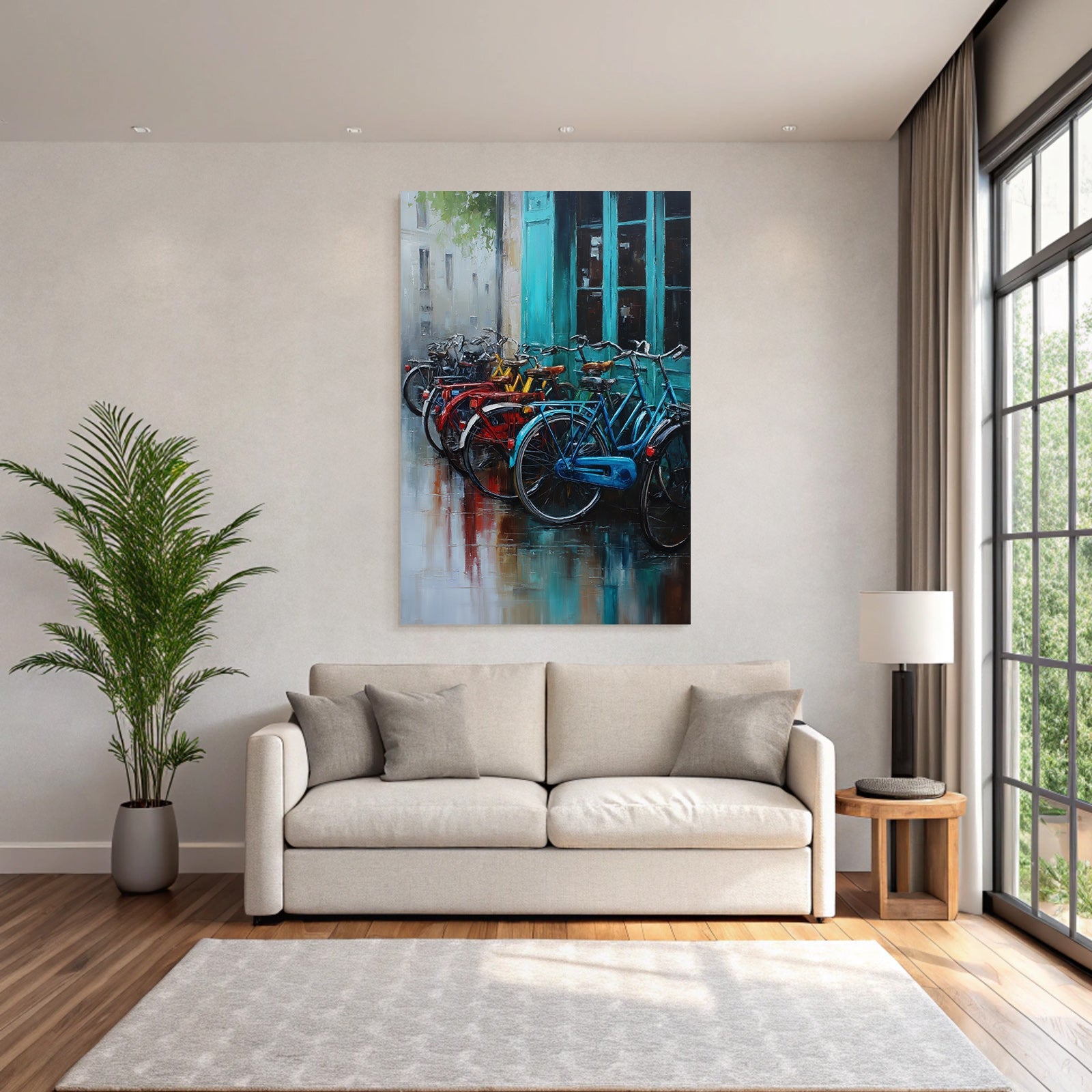 Colorful Bicycles in Front of Teal Doors Oil Painting Urban Scene