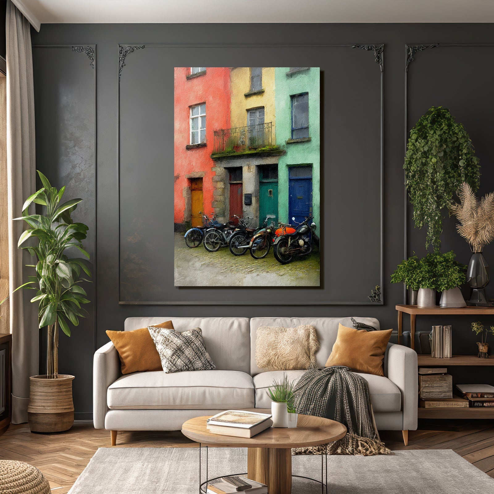Bunte Strassenszene Mit Motorradparkplatz Cobblestone