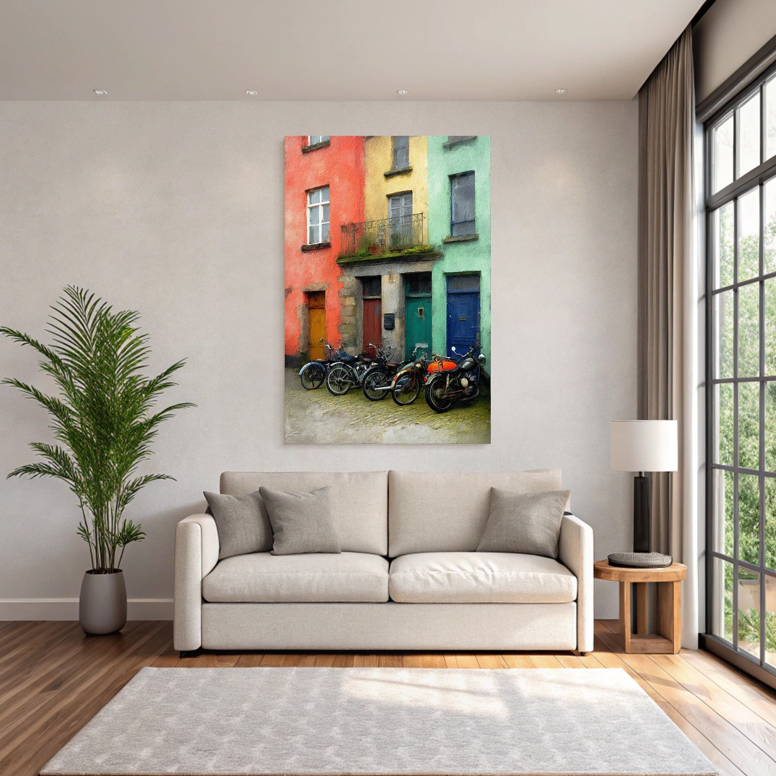 Bunte Strassenszene Mit Motorradparkplatz Cobblestone