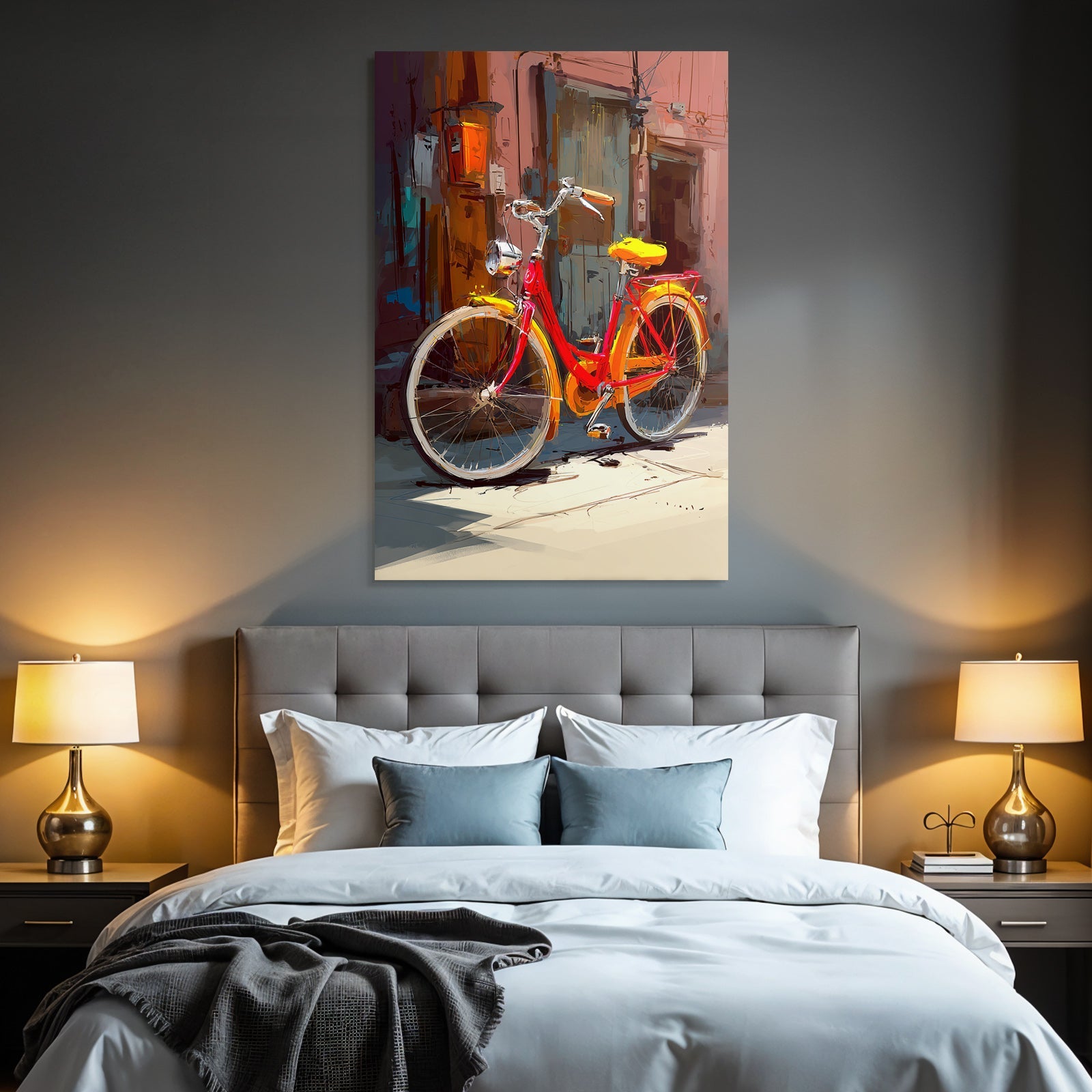 Colorful bicycle with red frame and yellow seat in front of colorful walls