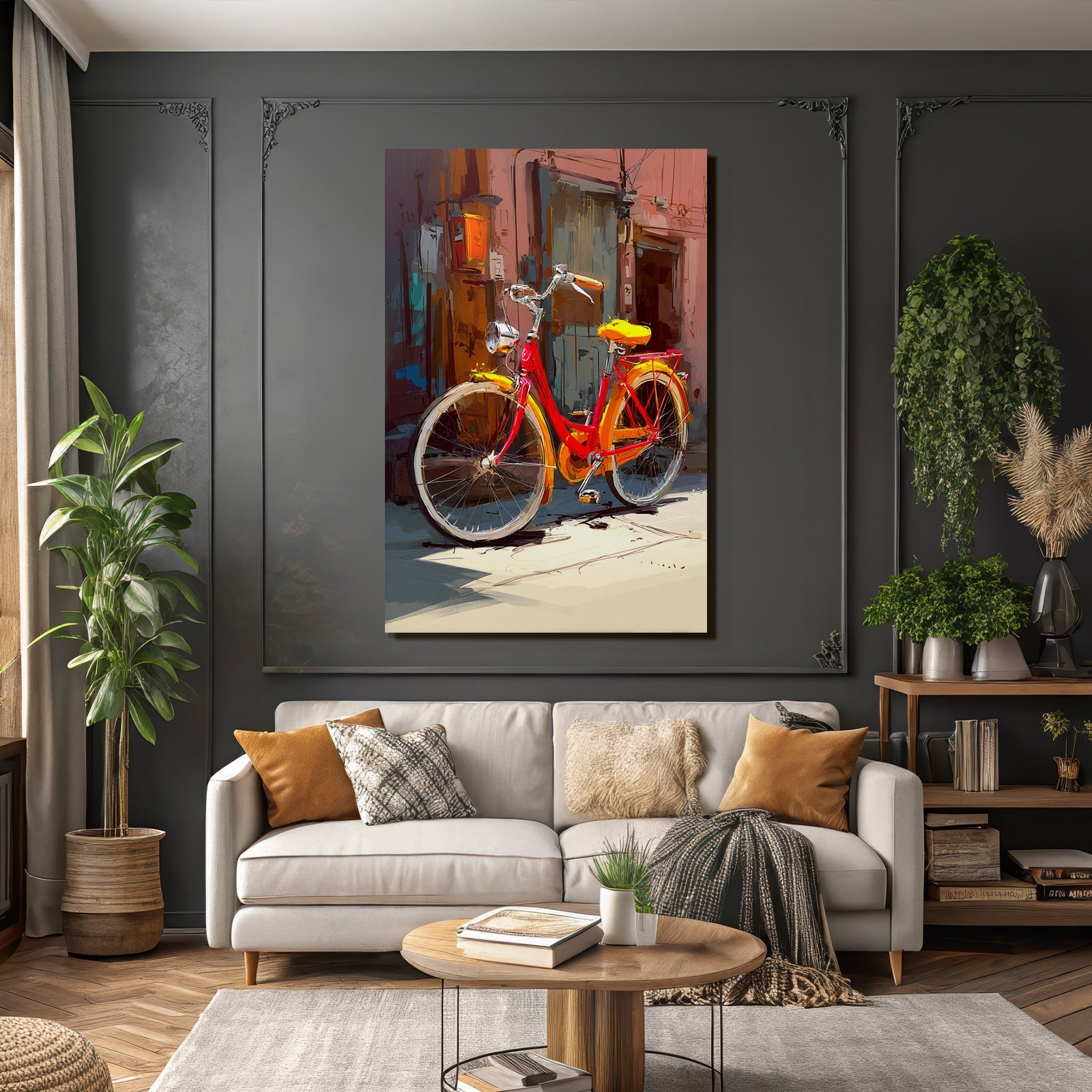 Colorful bicycle with red frame and yellow seat in front of colorful walls