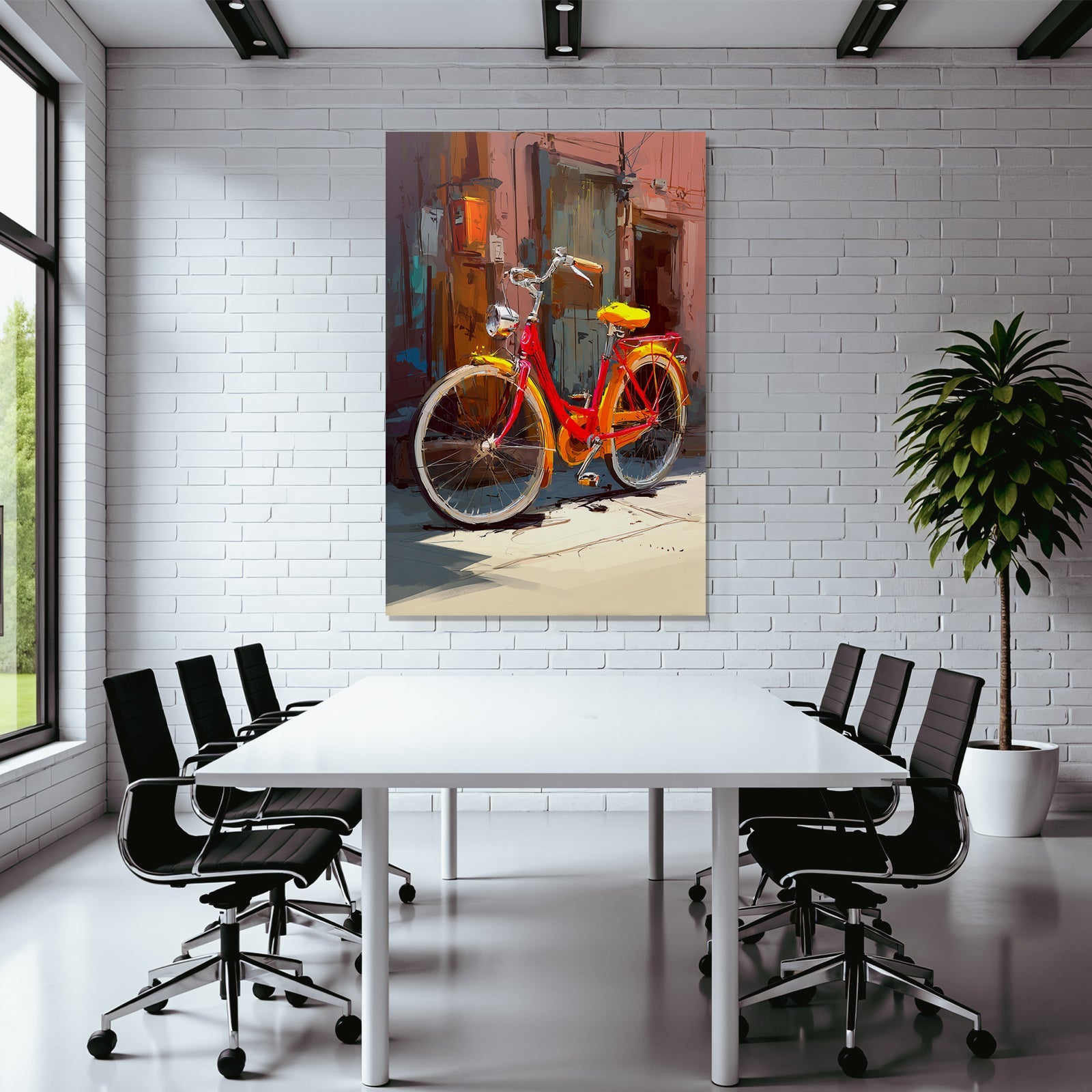 Colorful bicycle with red frame and yellow seat in front of colorful walls