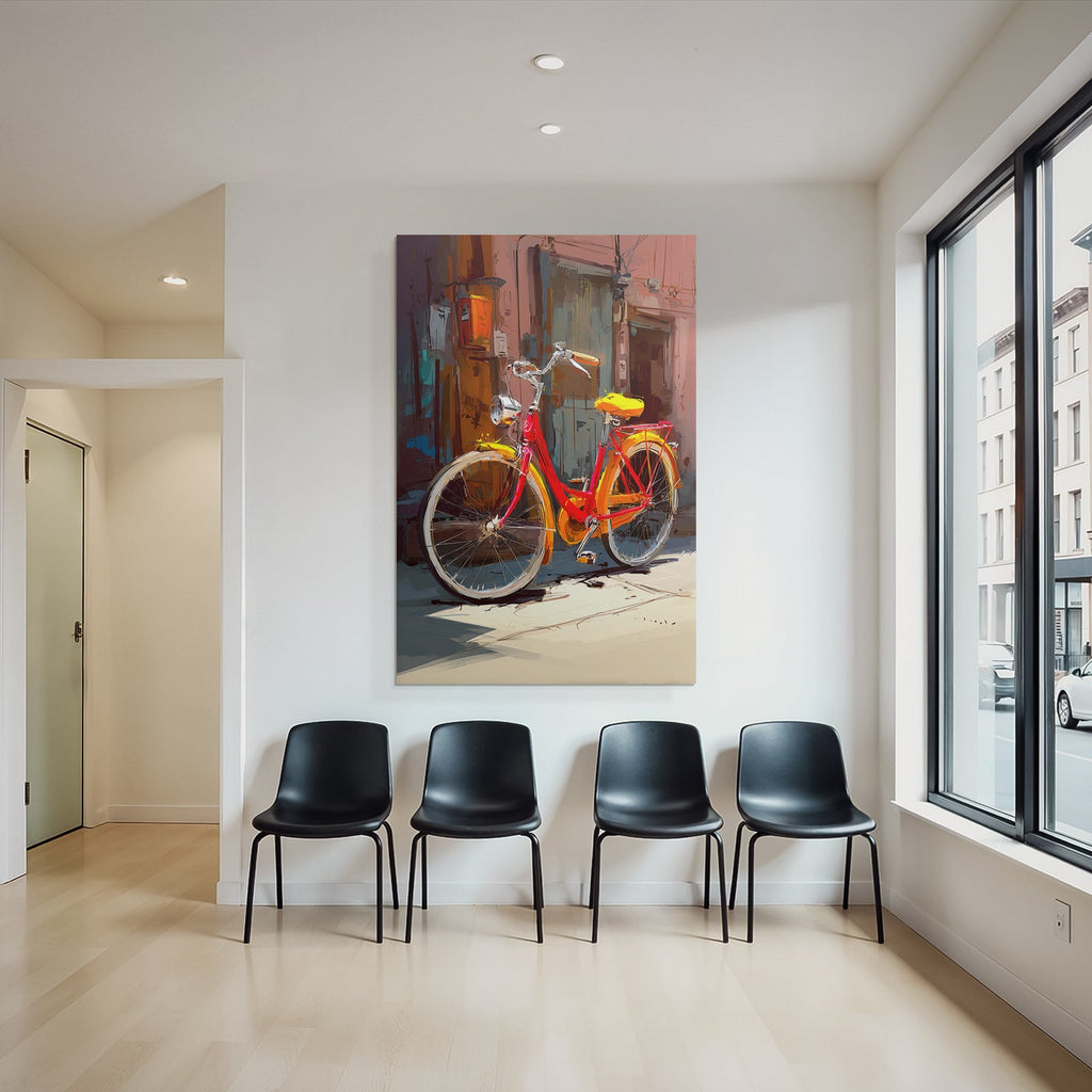 Colorful bicycle with red frame and yellow seat in front of colorful walls