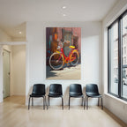 Colorful bicycle with red frame and yellow seat in front of colorful walls