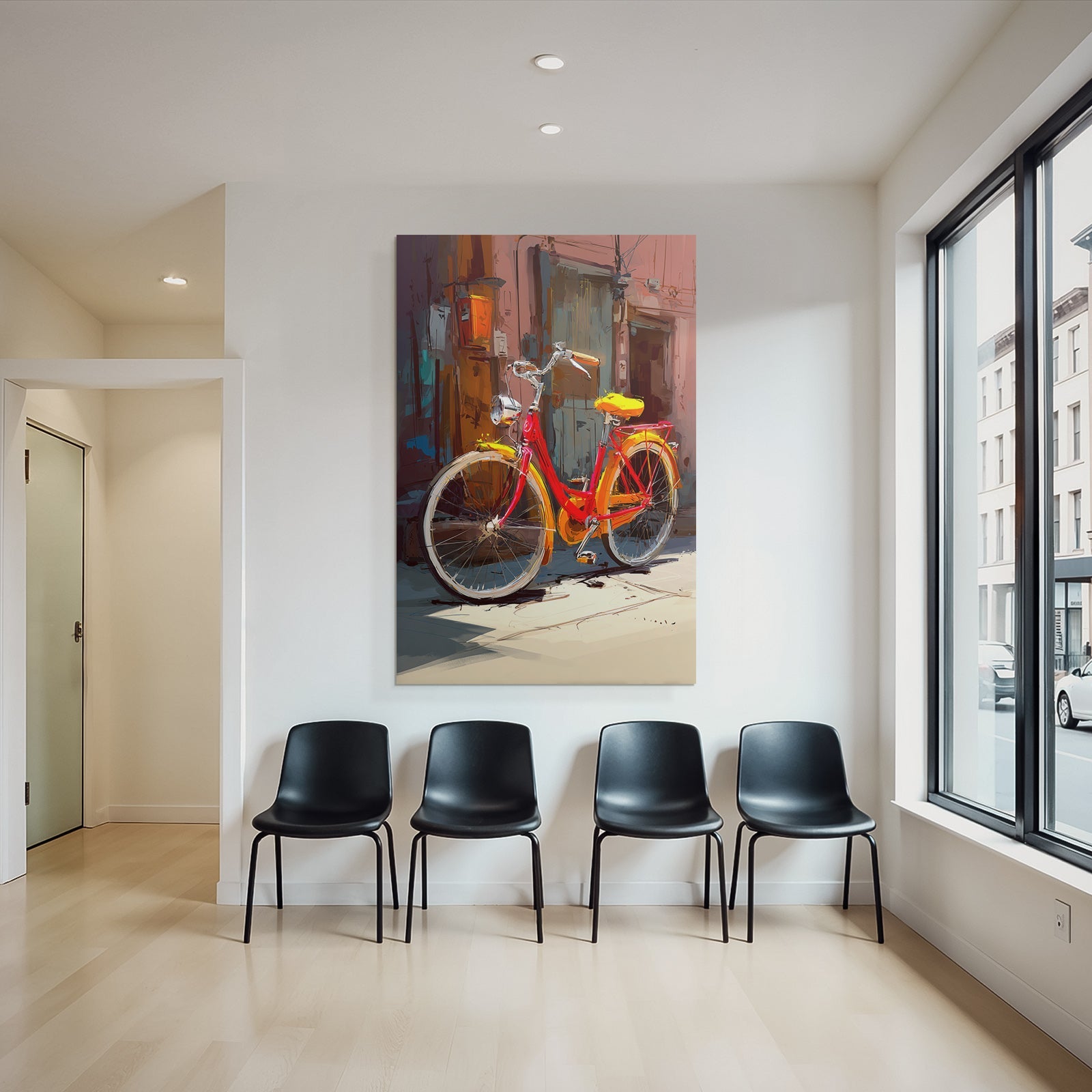 Colorful bicycle with red frame and yellow seat in front of colorful walls