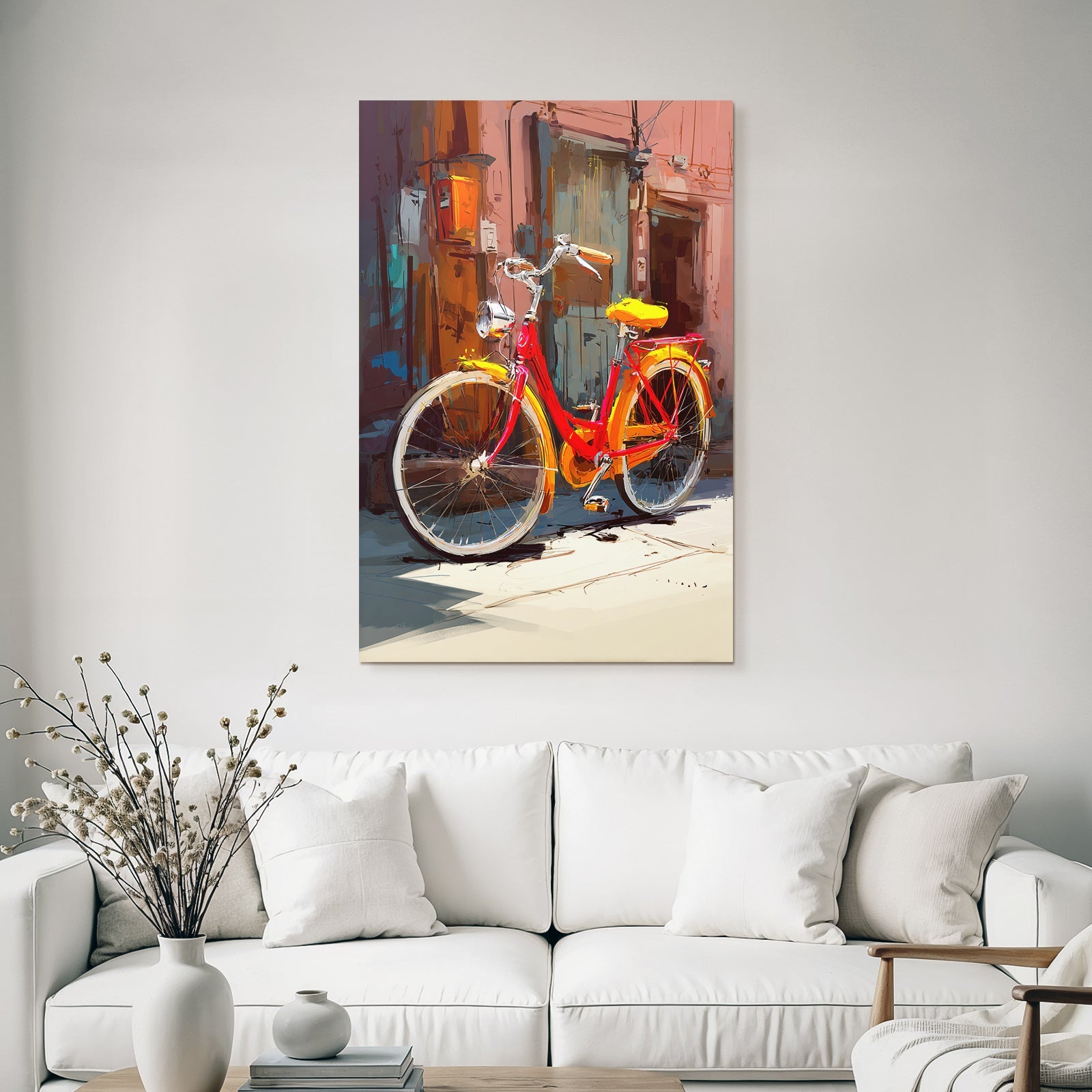Colorful bicycle with red frame and yellow seat in front of colorful walls
